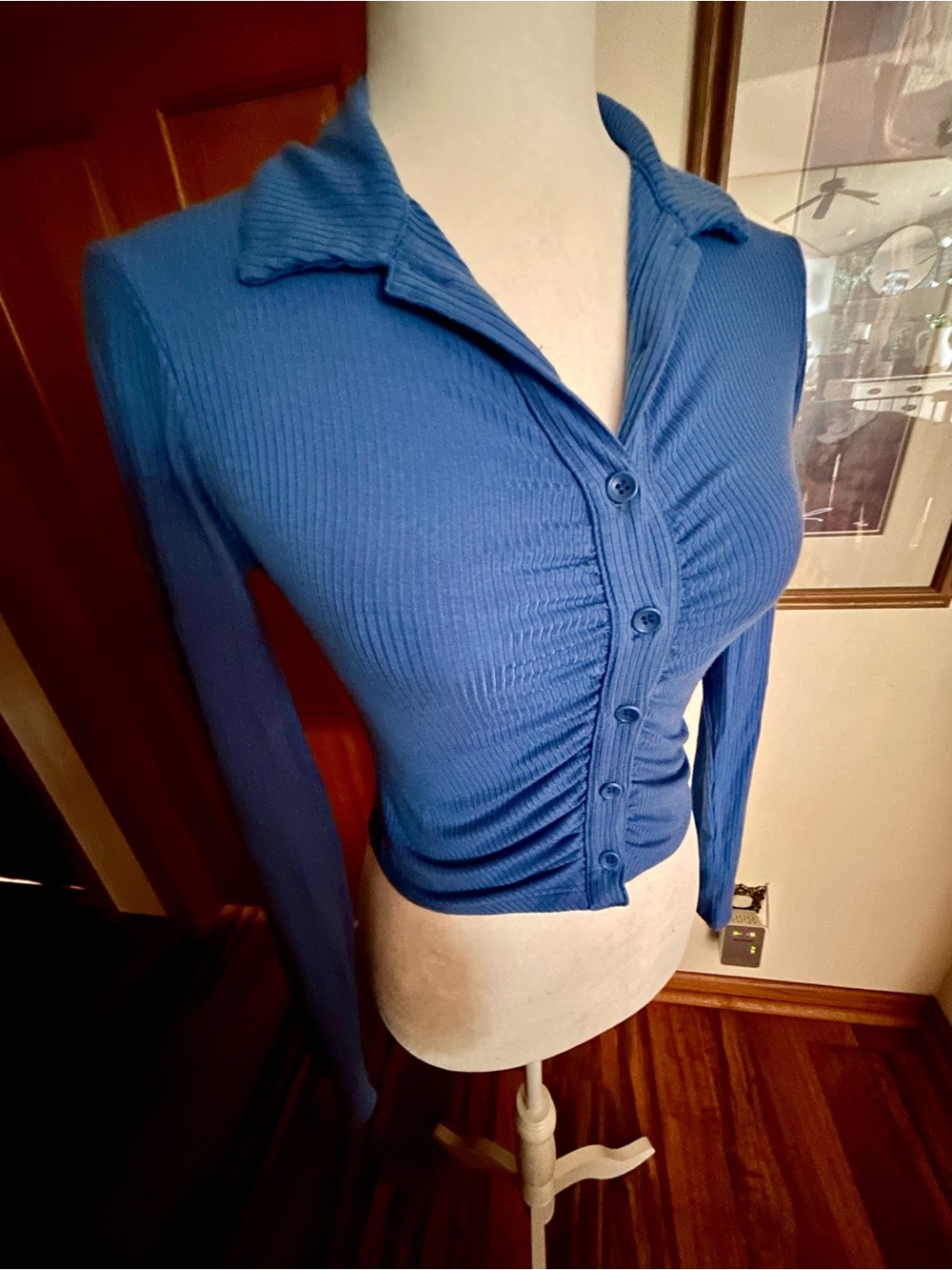 Reformation Blue Ribbed Ruched Button-Down Top - Picture 3 of 6